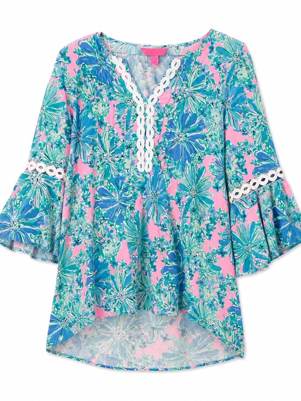 Lilly Pulitzer Pink & Teal Floral Flutter-Sleeve Tunic